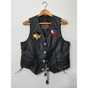 First Classics Black Leather Snap Button Biker Vest Womens Size L